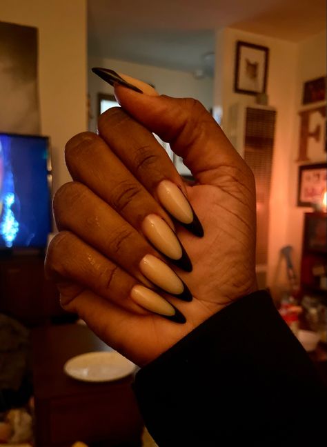 Black French tip acrylics by Anna at Glam house Oakland, CA Black French Top Almond Nails, Black French Tips Almond, Nail With French Tip, French Tips Almond Nails, Tips Almond Nails, French Tip Fall Nails, Long Nails Black, French Tips Almond, Nails Black French Tip