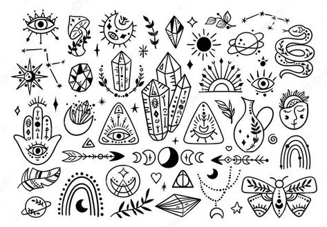 Mystical Drawing Ideas, Boho Symbols, Line Clipart, Stick Poke Tattoo, Mystical Symbols, Moon Butterfly, Witch Drawing, Tattoo Filler, Boho Tattoos