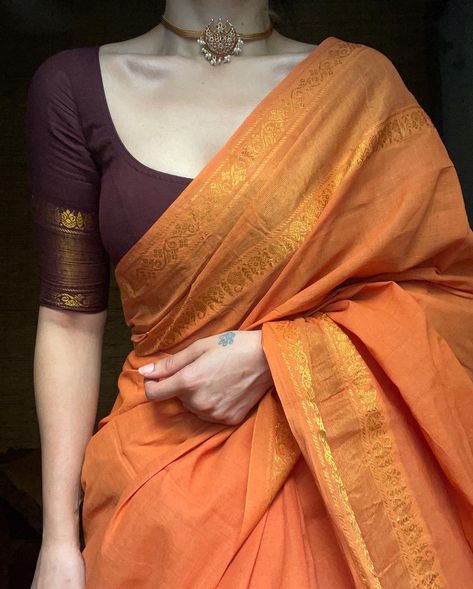 Kattam Saree, Cotton Saree Blouse Designs, Saree Wearing Styles, Simple Saree Designs, Cotton Saree Blouse, New Saree Blouse Designs, Fashionable Saree Blouse Designs, Orange Saree, Cotton Saree Designs