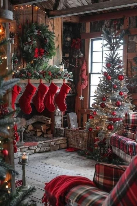 Log Cabin Christmas Decor, Log Cabin Living Room Ideas, Small Cabin Living, Small Cabin Living Room, Cabin Living Room Ideas, Log Cabin Living Room, Modern Cabin Interior, Cabin Christmas Decor, Rustic Living Room Ideas