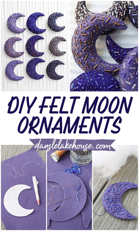 Heirloom Ornaments Diy, Diy Heirloom Christmas Ornaments, Moon Christmas Ornament, Embroidery Felt Ideas, Christmas Tree Felt Ornaments, Handmade Christmas Ornaments Unique, Unique Sewing Ideas, Felt Crafts Patterns Templates, Felt Ornaments Patterns Templates