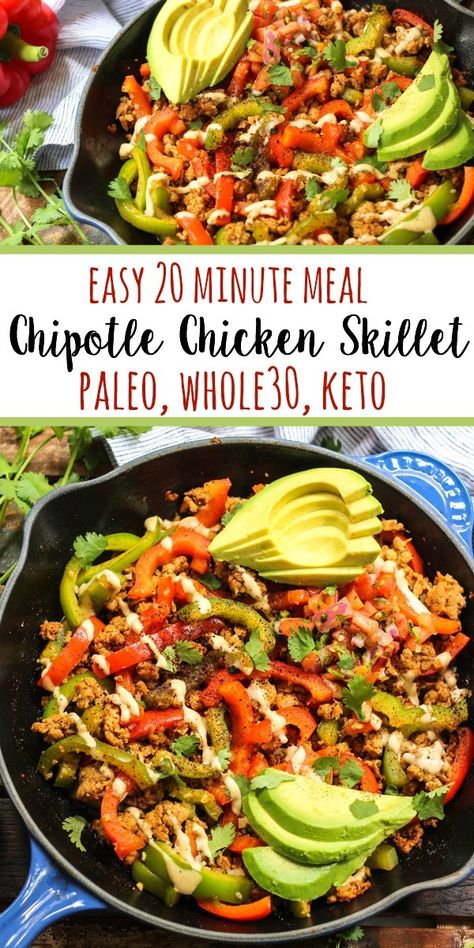 Whole30 Chipotle Chicken Skillet (Paleo, Keto, GF) - Whole Kitchen Sink Paleo Taco Skillet, Whole30 Casserole Recipes, Paleo Dos And Donts Food, Whole30 Ground Chicken Recipes, Fast Whole 30 Meals, Easy Dinner Recipes Whole 30, Dairy Free Keto Meal Plan, Quick Whole 30 Recipes, Whole 30 Zucchini Recipes