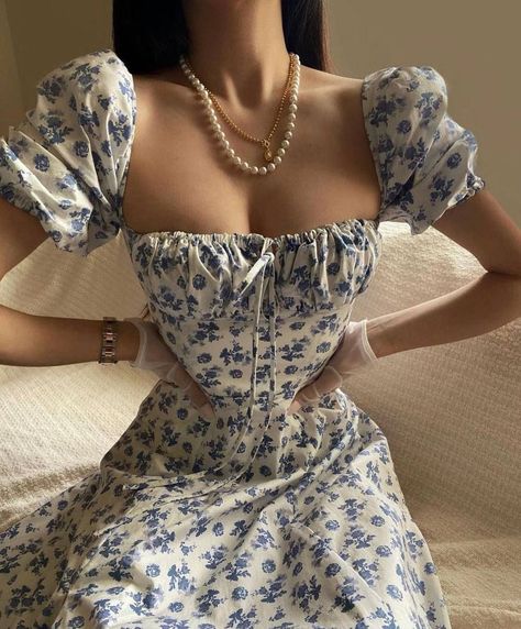 Blue Cottagecore Dress, Cottagecore Dresses Aesthetic, Floral Dress Aesthetic, Cottagecore Aesthetic Outfits, Blue Dress Outfits, Cottagecore Outfit, Cottagecore Outfits, Aesthetic Dress, Cottagecore Dress