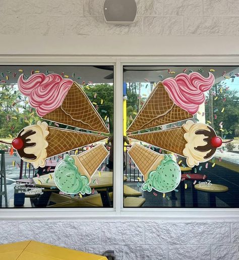 Art Connie Z Ice Cream Shop Window Display, Ice Cream Shop Mural, Wings Mural, Painting Windows, Painted Window Art, Ice Cream Business, Summer Window, Art Advice, Painting Inspo