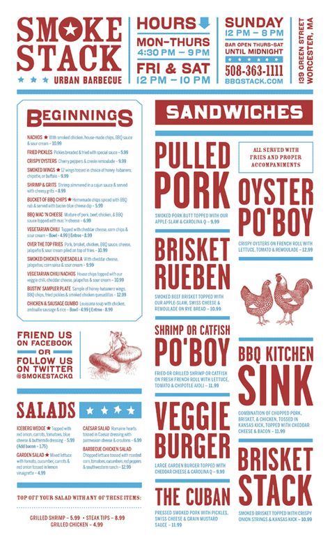 A gorgeous menu design for Smokestack, an urban barbecue restaurant in Worcester, Massachuetts - http://www.bbqstack.com/ Bbq Restaurant Menu Design, American Bbq Restaurant, American Menu Design, Bbq Menu Design, Menu Typography, Modern Menu Design, Menu Design Restaurant, American Barbecue, Restaurant Classic