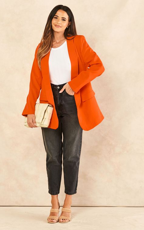 Orange Blazer Outfits, Orange Blazer, Stylish Blazer, Orange Outfit, Leggings Shorts, Orange Colour, Oversized Long Sleeve, Blazer Outfits, Oversized Blazer