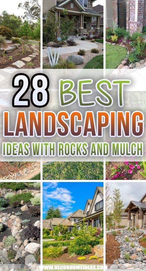 Best Front Yard Landscaping Ideas With Rocks And Mulch. These front yard landscaping ideas with rocks and mulch will help you build an inexpensive landscape around your house and boost your curb appeal. #decorhomeideas Inexpensive Front Yard Landscaping Diy, Front Yard Landscaping Design Ideas With Rocks, Landscaping With Flat Rocks, Front Yard Landscaping With Mulch And Rocks, Landscaping With Rocks Border, All Rock Front Yard Landscaping Ideas, Front Yard Landscaping Design Ideas Modern, Rock With Mulch Landscaping, Mixed Rock And Mulch Landscaping