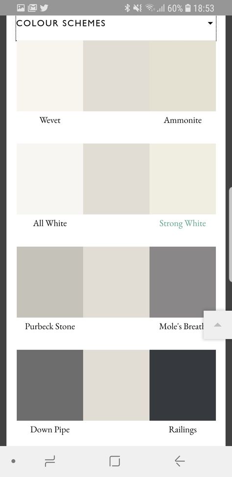 Farrow and Ball - Cornforth White colour scheme Carnforth White Farrow And Ball, School House White Farrow And Ball Colour Scheme, Neutral Farrow And Ball Colour Schemes, Farrow And Ball Neutral Colours, Farrow And Ball White Shades, Farrow And Ball Whites, Schoolhouse White Farrow And Ball, Farrow And Ball Paint Colour Palettes, Wimborne White Farrow And Ball