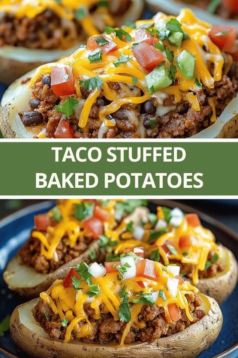 Taco Stuffed Baked Potatoes Taco Stuffed Potato Recipes, Loaded Baked Potato With Taco Meat, Hamburger Baked Potato, Chicken Fajita Baked Potato, Best Stuffed Potatoes, Mexican Stuffed Potatoes, Healthy Stuffed Baked Potatoes, Baked Potato Main Dish, Taco Loaded Baked Potato