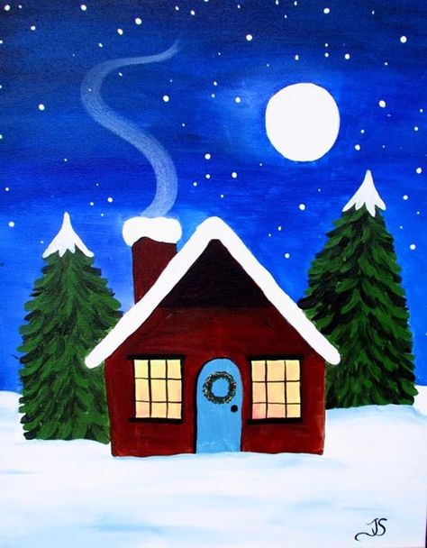 Snow Painting Acrylic Winter Scenes Easy, Winter Drawings Easy, Cottage Drawing, Cute Easy Animal Drawings, Acrylic Painting For Kids, Winter Drawing, Easy Scenery Drawing, Easy Christmas Drawings, Winter Drawings