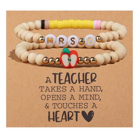 PRICES MAY VARY. TEACHER GIFTS: A teacher takes a hand, opens a mind and touches a heart. The personalized teacher bracelet set includes an initial letter MRS bracelet and a red apple bracelet. Apples symbolize wisdom and selfless love, and apple bracelets are the perfect thank-you gift for teachers. The meaningful apple and pencil themed design, definitely a great gifts for teachers. SIZE: Round bead size is about 6mm. The teacher bracelet lenght is about 6.5-7 inches. Use a strong elastic cord Teacher Bracelet, Students Christmas, Teacher Birthday Gifts, Teacher Birthday, Thank You Teacher Gifts, School Teacher Gifts, Great Teacher Gifts, Teachers Day, Teacher Christmas Gifts