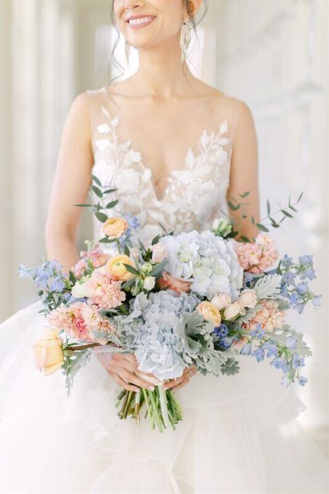 📸: Jeff Brummett Visuals 📋: Southern Affairs Weddings & Events 📍: The Olana 💐: Haute Floral Blue Peach Wedding, Ruffled Wedding Dress, Vision Ideas, The Olana, Pastel Wedding Theme, Hydrangea Bouquet Wedding, Peach Wedding Flowers, Hydrangea Wedding, Blue Wedding Bouquet