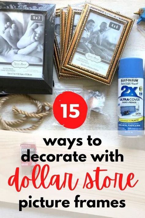 Decorate on a budget with these easy and cheap dollar store picture frame makeovers. Quick and cheap home decor ideas for your living room, kitchen, bedroom and bathroom. How to decorate on a dime with dollar tree picture frames. Decorate With Frames, Diy Picture Frame Collage Ideas, Dollar Store Frames Makeover, Fall Picture Frame Ideas, Decorating Frames Ideas, Dollar Tree Picture Frame Centerpieces, Dollar Tree Frames Wall Art, Decorating A Picture Frame, Fall Picture Frame Crafts