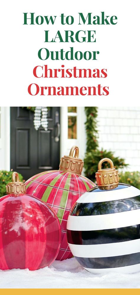 Want to wow your neighbors this Christmas? Learn how to make large outdoor ornaments that will make your yard the talk of the town. It’s easier than you think and a lot of fun too! Cheap Christmas Decor Outdoor, Christmas Diy Ideas Outdoor, Huge Ornaments Outdoor Christmas, Big Christmas Tree Ornaments, Huge Outdoor Christmas Decorations, Diy Yard Christmas Ornaments, Christmas Tree Big Ornaments Decorating Ideas, How To Make Large Ornament Balls, Outdoor Decor Christmas Diy