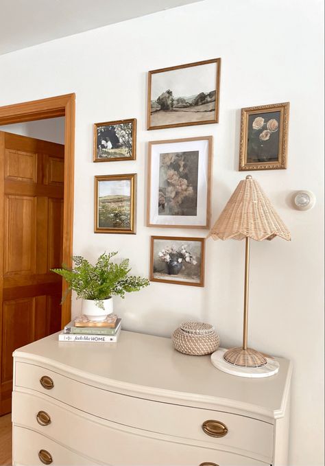 Cream Dresser With Gold Hardware, Gold Picture Frame Wall Bedroom, Cream Dressers Bedroom, Wanda Bedroom, Over Dresser Wall Decor, Dresser Gallery Wall, Gallery Wall Above Dresser, Art Above Dresser, Above Dresser Wall Decor