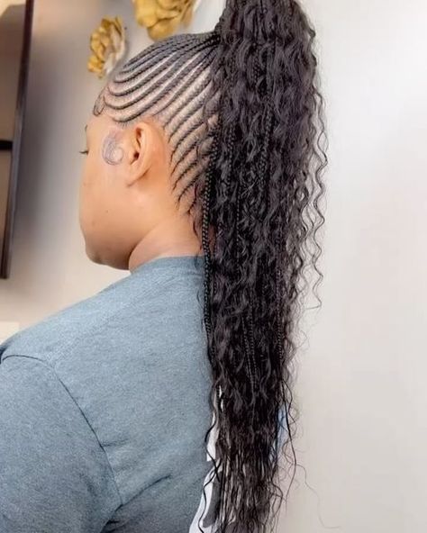 RIP Mama 👼🏼 on Instagram: "Small Feedin x Boho Ponytail ❤️‍🔥🔥 Using My Bulk Real Human Hair ‼️ • • • #aliseabraids #thealiseaway #braidsbyalisea #kansascitybraids #explore #explorepage #dopebraids #kcmobraider #atl #stitchbraids #knotless #viral #knotlessbraids #feedins #kidstyles #kidbraids #kidbraidsandbeads #mensbraids #braidlovers #tribalbraids #feedins #kcpcawinner2020 #kcpca #softlocs #locs #tribals #lemonadebraids #butterflylocs #lemonadebraids #distressedlocs" Boho Feedin Ponytail, Boho Cornrow Ponytail, Boho Braid Ponytail Black Women, Boho Feed In Braids Ponytail, Small Braids Into Ponytail, French Braid Ponytail Black Hair, Boho Ponytail Braid, Small Braided Ponytail, Braided Boho Ponytail