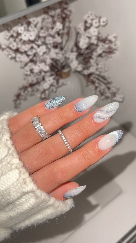 LN Nailed It on Reels | Dean Martin · Let It Snow! Let It Snow! Let It Snow! Sparkly Christmas Nails, Rounded Acrylic Nails, Snow Nails, Milky Nails, Medium Almond, Simple Acrylic Nails, Pearl Nails, Christmas Nails Acrylic, Summer Acrylic Nails