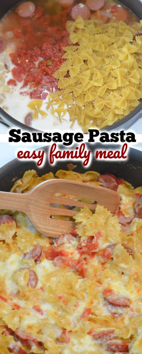 Cheesy Sausage Pasta - This one pan cheesy smoked sausage and pasta is incredibly easy to make with simple ingredients and in under 30 minutes. This new pasta recipe will be loved by the entire family. Smoked Sausage And Pasta, Smoked Sausage Recipes Pasta, Polish Sausage Recipes, Cheesy Sausage Pasta, Sausage And Pasta, Bow Tie Pasta Recipe, Rotel Recipes, Smoked Sausage Pasta, Sausage Marinara