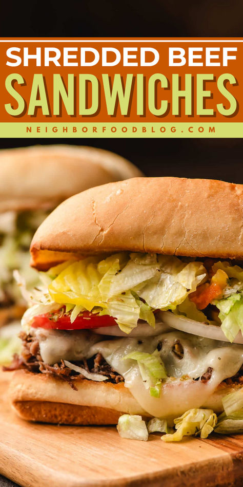 These Shredded Beef Sandwiches rival your favorite sub shop and are so easy to make! With tender beef, gobs of melty cheese, fresh veggies, and your choice of two delicious sauces, this sandwich is worth raving about. Shredded Beef Sandwich Recipes, Shaved Steak Recipes Sandwiches, Shaved Beef Recipes Steak Sandwiches, Beef Sandwiches Recipes, Shaved Beef Sandwich, Beef Subs, Shaved Steak Recipe, Shaved Beef Recipe, Shredded Beef Sandwiches