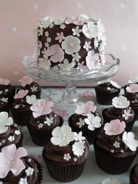 Blossoms | Chocolate fudge cake with matching cupcakes. Im n… | Flickr Birthdays Wishes, Cake With Matching Cupcakes, Silver Weddings, Cupcakes Flores, Vintage Cupcakes, Chocolate Biscuit Cake, Bee Cupcakes, Pretty Cupcakes, Beautiful Cupcakes