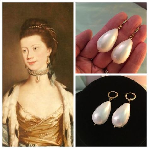 Huge Pearl Earrings, 18th Century Jewelry, Huge Pearl Necklace, Pearl Teardrop Earrings, Ribbon Choker Necklace, Heavy Earrings, Pearl Cream, Earrings Large, Royal Jewels