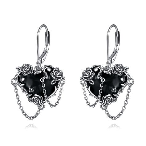 PRICES MAY VARY. ❤DESIGN DEAL❤ -- Charming black heart drop earrings detailed with antique rose flower. Fits for Any Occasion as Daily Wearing Home and Office,for her and gothic lover ❤Material❤ -- 925 Sterling Silver and Hypoallergenic, Especially for those with sensitive skin ❤SIZE❤ -- Earrings Size:32mm*14mm（1.26IN*0.55IN）,Package : Box ❤PACKET❤ -- Comes with the charm box, for yourself, daughter, granddaughter,sister, friends , wife ,business partner, on Birthday , Christmas, Thanksgiving Da Cute Big Earrings, Vampire Earrings, Vampire Jewelry, Witchy Earrings, Black Crystal Earrings, Large Jewelry Box, Gothic Accessories, Witchy Jewelry, Sister Friends