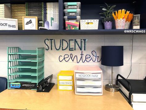 Student center for high school English class with supplies and classroom decor English Classroom Decor, Chemistry Classroom, Classroom Decor High School, Student Center, History Classroom, High School Classroom, Middle School Classroom, English Classroom, School English