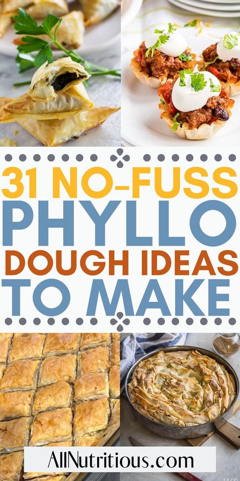 Want to know how to use phyllo pastry? Here are some yummy food ideas for meals to make with phyllo dough. From easy dinner recipes to delicious desserts, this is a versatile ingredient that you can use to pull together so many dishes. Phyllo Dough Appetizers Simple, Meals With Phyllo Dough, Easy Phyllo Desserts, Gluten Free Filo Dough Recipe, Dinner Recipes With Phyllo Dough, Philly Dough Puff Pastries, Appetizers With Filo Dough, Stuffed Phyllo Dough, Phyllo Dough Recipes Videos