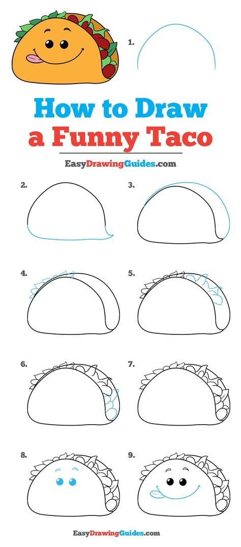 Learn How to Draw a Funny Taco: Easy Step-by-Step Drawing Tutorial for Kids and Beginners. #Funny #Taco #DrawingTutorial #EasyDrawing See the full tutorial at https://easydrawingguides.com/how-to-draw-a-funny-taco/. Draw Animals For Kids, Taco Drawing, Desenhos Love, Doodle Art For Beginners, Fruits Drawing, Drawing Tutorials For Beginners, Easy Drawing Tutorial, Drawing Tutorials For Kids, Drawing Tutorial Easy