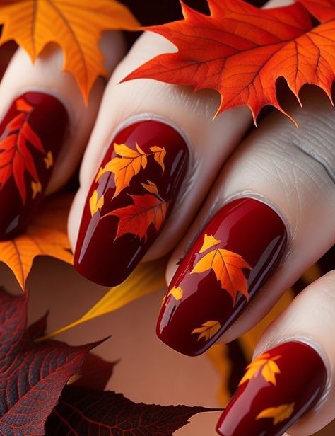 Red Fall Nails With Leaves, Nail Designs With Fall Leaves, Orange Fall Nails With Leaves, Red And Orange Fall Nails, Autumn Nails With Leaves, Oval Nails Autumn, Autumn Nails Leaves, Nails With Leaves Fall, Autumn Nails Colors Orange