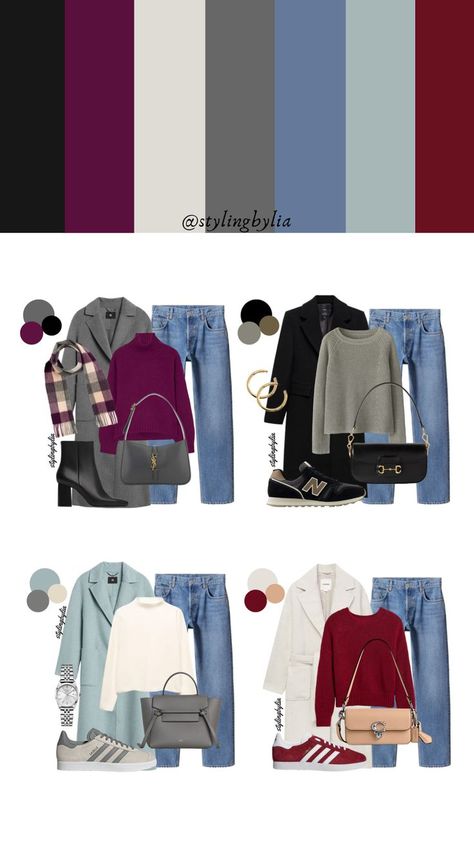 Deep Winter Color Outfits Style, Fall Outfits With Blue Jeans, Winter Outfit Color Palette, Colourful Winter Capsule Wardrobe, Colourful Outfits Winter, Cool Winter Colour Palette, Winter Pallet Outfits, Cool Winter Color Palette Outfits Capsule Wardrobe, Deep Winter Casual Outfits