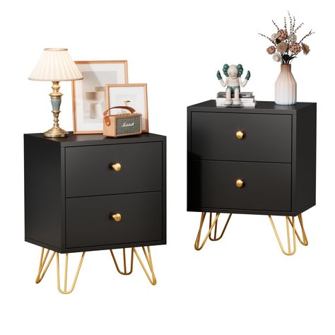 PRICES MAY VARY. 【2 Deep & Durable Drawers】Tradare gold and black nightstand comes with 2 drawers that keep your belongings away from dust. Each drawer is equipped with polished metal rails that can be easily pulled open by 4/5 of the slide, making you faster to pick up items. Staying organized has never been easier with our fabulous drawer! 【Stylish Design】With striking bright white color and classic Gold knob, the small nightstand brings the charm that all cozy rooms want. The gold tapered tab Black Drawers Bedroom, Black And Gold Apartment Decor, Pink Black And Gold Bedroom, Black And Gold Bedroom Aesthetic, Black And Gold Room Decor, Bedroom Decor Black Furniture, Black And Gold Nightstand, Night Stand With Drawers, Black And Gold Bedroom