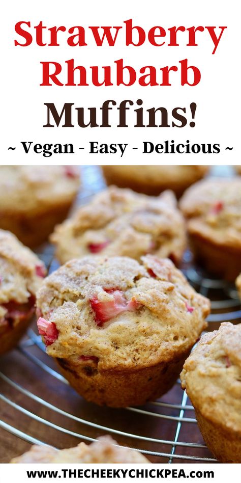 strawberry rhubarb muffins on a cooling rack Healthy Rubarbe Recipes, Rhubarb Muffins Healthy, Vegan Rhubarb Recipes, Vegan Rhubarb, Dairy Free Rhubarb Recipes, Rhubarb Recipes Vegan, Strawberry Rhubarb Recipes Muffins, Strawberry Rhubarb Muffins Easy, Rhubarb Vegan Recipes