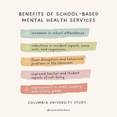 So many benefits of having mental health services available in schools! ⁠ #schoolcounseling #schoolcounselor #schoolcounselorsofig #schoolcounselorsofinstagram #iteachtoo ⁠ #mentalhealth #mentalhealthmonth #mentalhealthawarenessmonth Counselor Keri, Back To School Checklist, Mental Health Month, School Checklist, School Attendance, Mental Health Awareness Month, University Studying, Mental Health Services, School Counselor