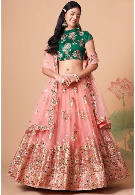 Coral Pink Embroidered Net Lehenga Choli - ZC2101 New Lehenga Choli, New Lehenga, Peach Lehenga, Lehenga Choli Designs, Indian Wedding Lehenga, Mirror Work Lehenga, Reception Lehenga, Party Wear Lehenga Choli, Net Blouses