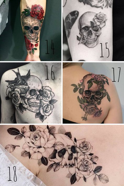 27 Beautiful Skull and Flower Tattoo Ideas - tattooglee Graduation Tattoo, Skull And Flower Tattoo, Skull Tattoo Meaning, Floral Skull Tattoos, Girly Skull Tattoos, Rose Vine Tattoos, Skull Tattoo Flowers, Feminine Skull Tattoos, Flower Tattoo Meanings