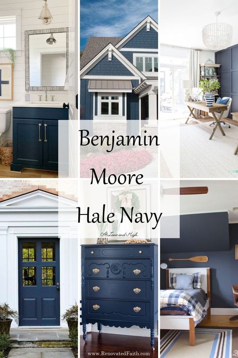 Benjamin Moore Hale Navy, Exterior Wood Trim, Hale Navy Benjamin Moore, Executive Office Design, Dining Room Accent Wall, Decorating Above Kitchen Cabinets, Navy Paint, Blue Gray Paint, Hale Navy