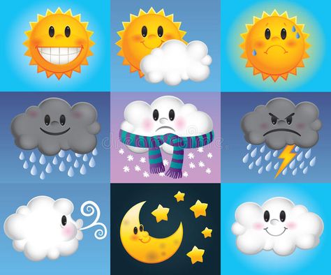 Cartoon weather symbols royalty free illustration Weather For Kids, Community Helpers Preschool Activities, Cartoon Sun, Weather Symbols, Cool Kids Rooms, Cartoon Clouds, Abc Activities, Animal Crafts For Kids, Kids Learning Activities