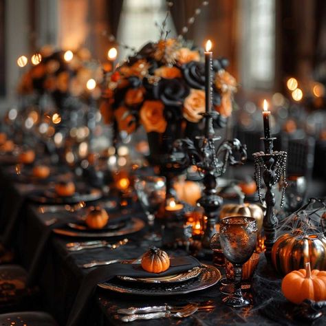 10+ Spooky Halloween Themed Wedding Ideas for a Haunted Celebration • 333k+ Inspiring Lifestyle Ideas & Images Halloween Wedding Table Settings, Halloween Wedding Reception Food, Elegant Halloween Tablescape, Halloween Wedding Table Decor, Deco Table Halloween, Halloween Dinner Table, Halloween Wedding Theme, Witches Dinner, Halloween Wedding Centerpieces