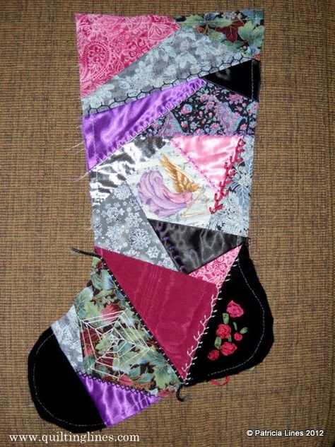 Quilting Lines: Crazy Quilted Stockings Beginnings Crazy Quilt Christmas Stocking Pattern, Quilt Christmas Stocking, Stocking Pattern Free, Quilting Lines, Quilted Items, Stocking Ideas, Crazy Quilts Patterns, Quilt Christmas, Art Sewing