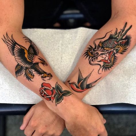 Traditional Old School Tattoos on Instagram: "Who: @tj_wake Where:📍Fremantle, Australia 🇦🇺 ... ... ... ... #traditionalartist #traditionaltattoo #skinart_traditional #topclasstattooing #tattooaddict #whipshaded #besttradtattoos #vintagetattoo #bright_and_bold #realtraditional #americantraditional #tattoocollector #tattoocommunity #oldworkers #trad #oldschooltattoos #tradworkerssubmission #sailorjerry #traditionalclub" Forearm Tattoo Dragon, Instagram Tattoos, Tattoo Dragon, D Tattoo, Old Tattoos, Classic Tattoo, American Traditional Tattoo, Vintage Tattoo, Tattoo Flash