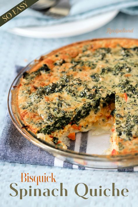 An easy and delicious crustless spinach quiche made with Bisquick, seasoned fluffy eggs, onions, cheese, and an impossible crust that makes itself! The quiche is great for a quick Sunday brunch, breakfast, lunch, or dinner.