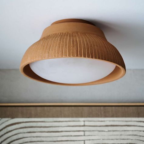 Roja Terracotta Small Flush Mount Light | Crate and Barrel Terracotta Bathroom, Kids Ceiling, Kids Ceiling Lights, Bathroom Ceiling Light, Flush Mount Light, Fabric Lampshade, Semi Flush Mount Lighting, Mount Light, Pretty Lights