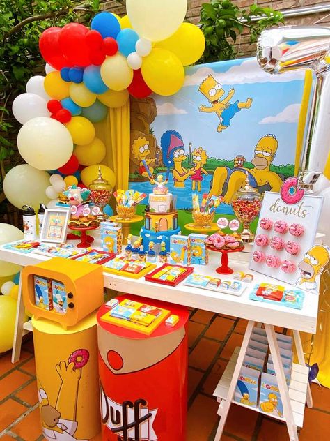 The Simpsons, Loren's Birthday | CatchMyParty.com The Simpson Birthday Ideas, Simpson Party Decorations, Simpson Themed Party, Homer Simpson Birthday Party Ideas, Simpson Themed Birthday Party, Bart Simpson Birthday Party, Simpsons Themed Party, Simpsons Party Decorations Diy, Simpsons Birthday Party Decorations