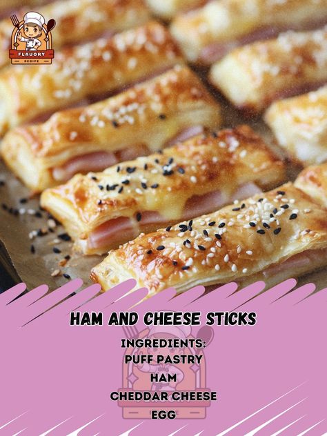 🥓 Ham and Cheese Sticks—crispy, cheesy, and packed with ham! Perfect for a tasty snack or party appetizer! 🧀🥳 #HamAndCheese #SnackTime Ham and Cheese Sticks Ingredients: Puff pastry (1 sheet, thawed) Ham (6 slices) Cheddar cheese (6 slices) Egg (1, beaten) Sesame seeds (optional) Instructions: Preheat oven to 400°F (200°C). Line a baking sheet with parchment paper. Lay out puff pastry and place ham and cheese slices on top. Fold the pastry over the filling, press edges to seal. Cut into s... Ham And Cheese Braid, Ham And Cheese Sticks, Puff Pastry Ham And Cheese, Pastry Snacks, Puff Pastry Snacks, Cheese Twists, Cheese Puff, Cheese Puff Pastry, Cheese Sticks