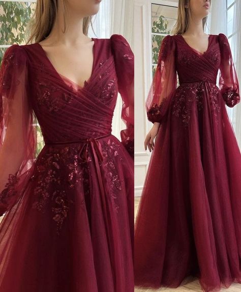 Latest gowns ideas Prom Dress With Long Sleeves, Gown Aesthetic, Burgundy Homecoming Dresses, Fashion Jobs, Lehenga Designs Simple, Prom Dresses With Pockets, Simple Prom Dress, V Neck Prom Dresses, Fancy Dresses Long