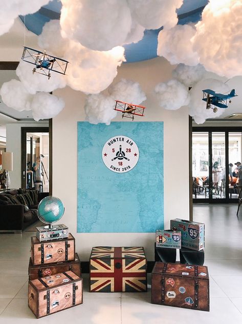 Around The World Prom Theme Ideas, Aviation Party Decorations, Airline Classroom Theme, Vbs Adventure Theme, Plane Themed Party, Aviation Themed Party Adult, Airline Theme Party, Aviation Themed Birthday Party, Airplane Theme Classroom