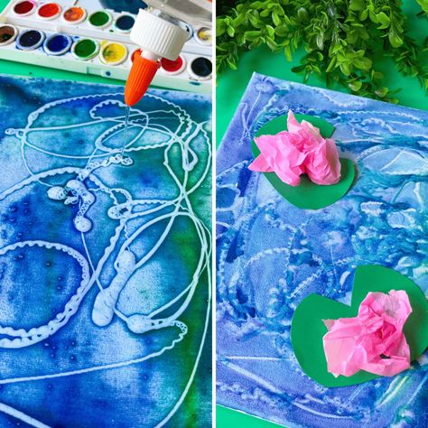 The final Claude Monet-inspired art piece with pink tissue paper water lilies on green cardstock lily pads, set against a blue watercolor background. Claude Monet For Kids Art Lessons, Tissue Paper And Water Art, Monet Inspired Art For Kids, Claude Monet Art Projects For Kids, Claude Monet Water Lilies Painting, Monet Art Projects For Kids, Lily Pad Craft, Monet Inspired Art, Lily Pad Painting