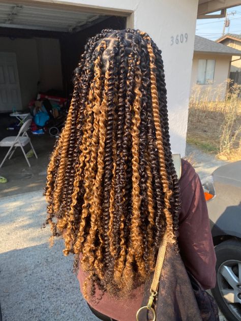 Passion Twists Hairstyle Blonde And Brown, Highlight Passion Twist, Passion Twists Two Colors, Passion Twists Multicolor, Different Color Passion Twist, Passion Twist With Highlights, Aesthetic Passion Twist, Blonde And Brown Passion Twist, Brown And Black Passion Twist