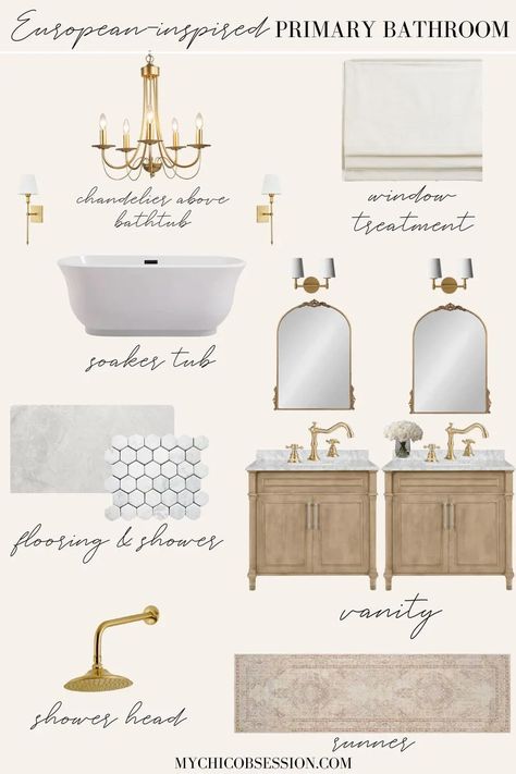 Small Secondary Bathroom Ideas, French Master Bath Ideas, Cottage Master Bath Ideas, Modern Traditional Bathroom Design, Spa Bathroom Mood Board, Primary Bath Mood Board, French Vanity Bathroom, Bathroom Mood Board Inspiration Master Bath, French Country Mood Board